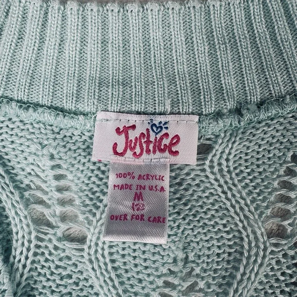 Vintage Y2K Justice Sweater Girls M Mint Green Open Knit Collegiate Preppy Fairy